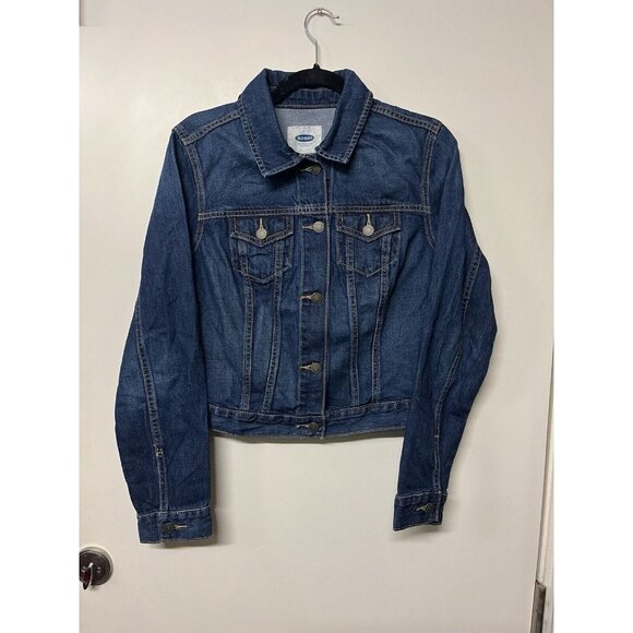 Old Navy Denim Jacket Women’s Medium Dark Indigo Cropped Button Up No Pockets - Picture 1 of 8